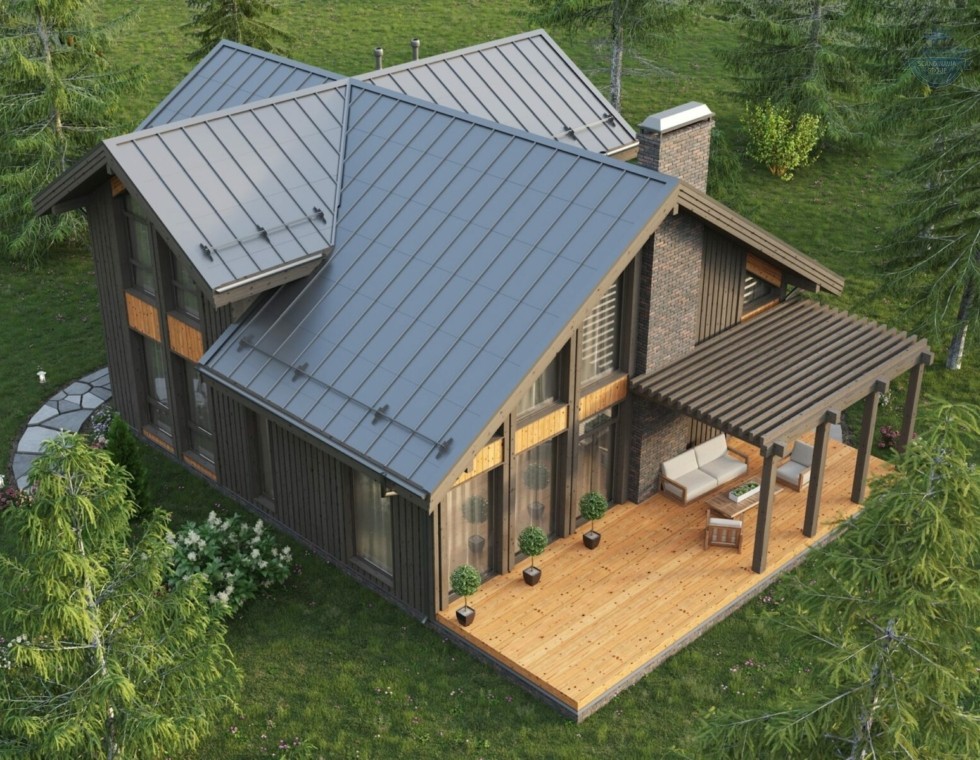 КД-820: двухэтажный каркасный дом с террасой и сауной