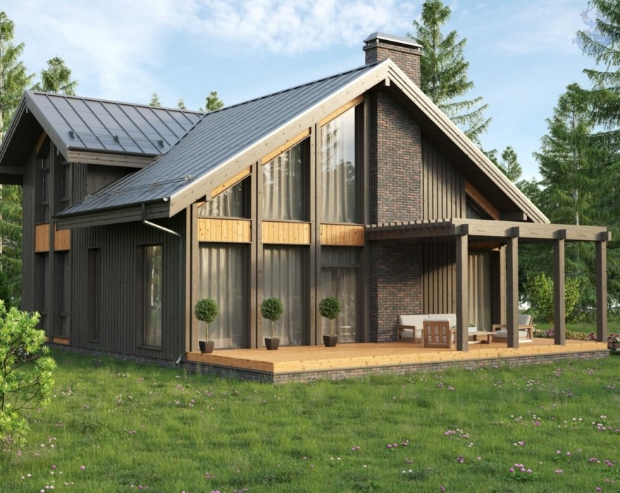 КД-820: двухэтажный каркасный дом с террасой и сауной