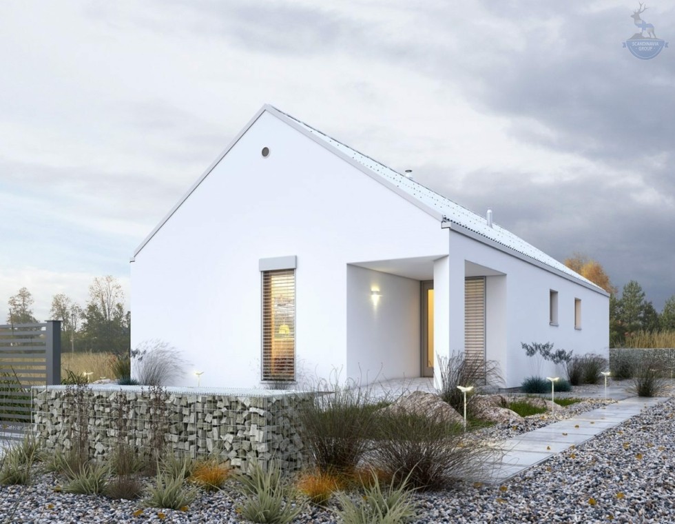 КД-980: одноэтажный каркасный дом с панорамными окнами и вторым светом