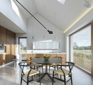 КД-980: одноэтажный каркасный дом с панорамными окнами и вторым светом