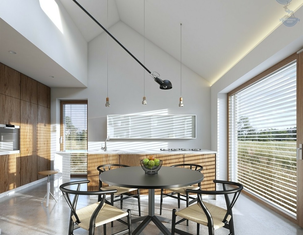 КД-980: одноэтажный каркасный дом с панорамными окнами и вторым светом