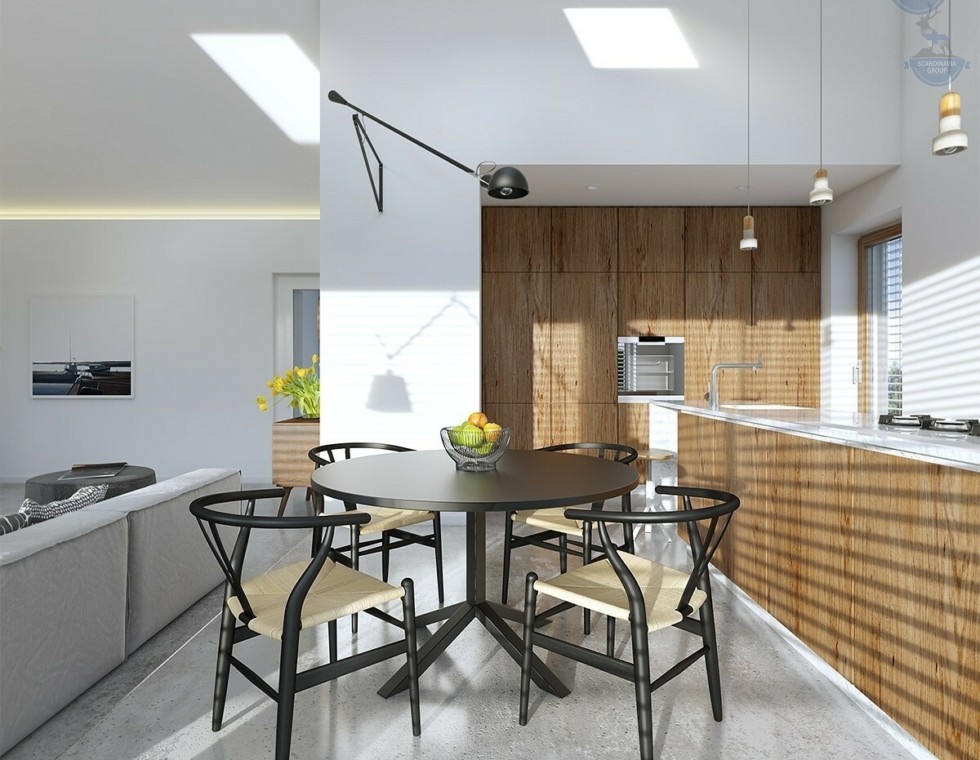 КД-980: одноэтажный каркасный дом с панорамными окнами и вторым светом