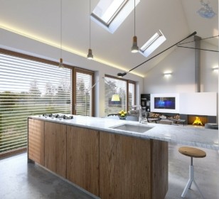 КД-980: одноэтажный каркасный дом с панорамными окнами и вторым светом