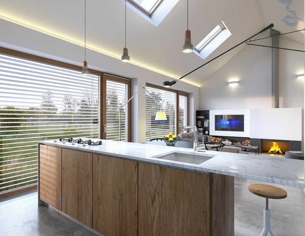 КД-980: одноэтажный каркасный дом с панорамными окнами и вторым светом