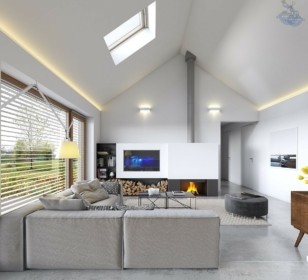 КД-980: одноэтажный каркасный дом с панорамными окнами и вторым светом