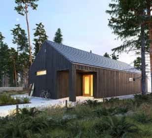 КД-980: одноэтажный каркасный дом с панорамными окнами и вторым светом