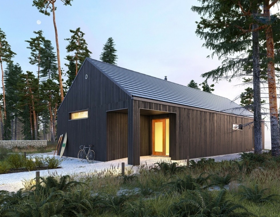 КД-980: одноэтажный каркасный дом с панорамными окнами и вторым светом