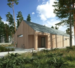 КД-980: одноэтажный каркасный дом с панорамными окнами и вторым светом