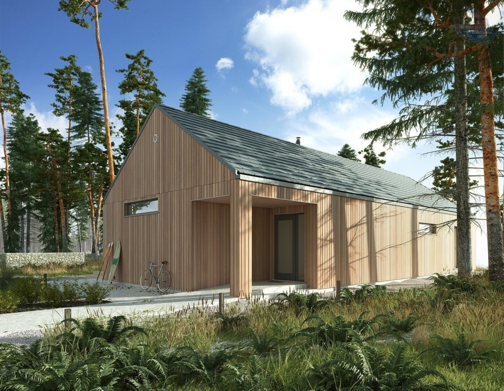 КД-980: одноэтажный каркасный дом с панорамными окнами и вторым светом