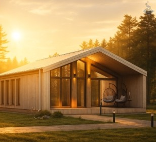 КД-720: одноэтажный каркасный дом с открытой верандой и панорамными окнами