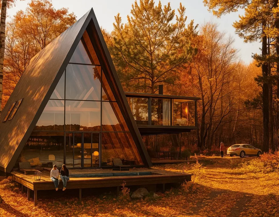 Двухэтажный каркасный дом с панорамными окнами и двумя террасами КД-630 фото