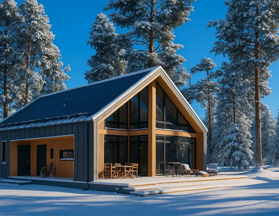 Двухэтажный каркасный дом с панорамными окнами и антресолью КД-850 фото 1