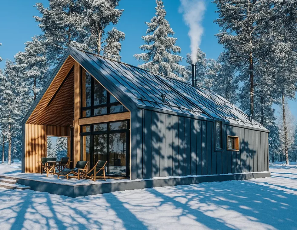 Двухэтажный каркасный дом с панорамными окнами и антресолью КД-850 фото 2