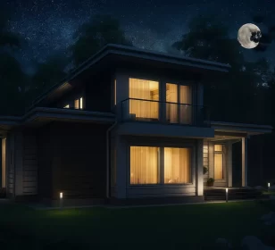 КД-740: двухэтажный каркасный дом с панорамными окнами и сауной