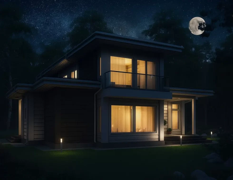 Двухэтажный каркасный дом с панорамными окнами и сауной КД-740 фото 1