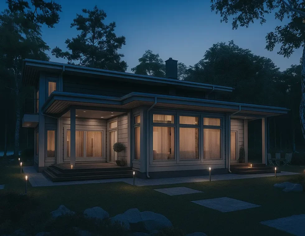 Двухэтажный каркасный дом с панорамными окнами и сауной КД-740 фото 2