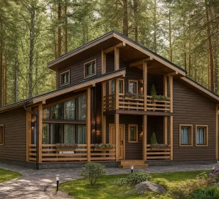 Двухэтажный каркасный дом с панорамными окнами и верандой КД-940 фото