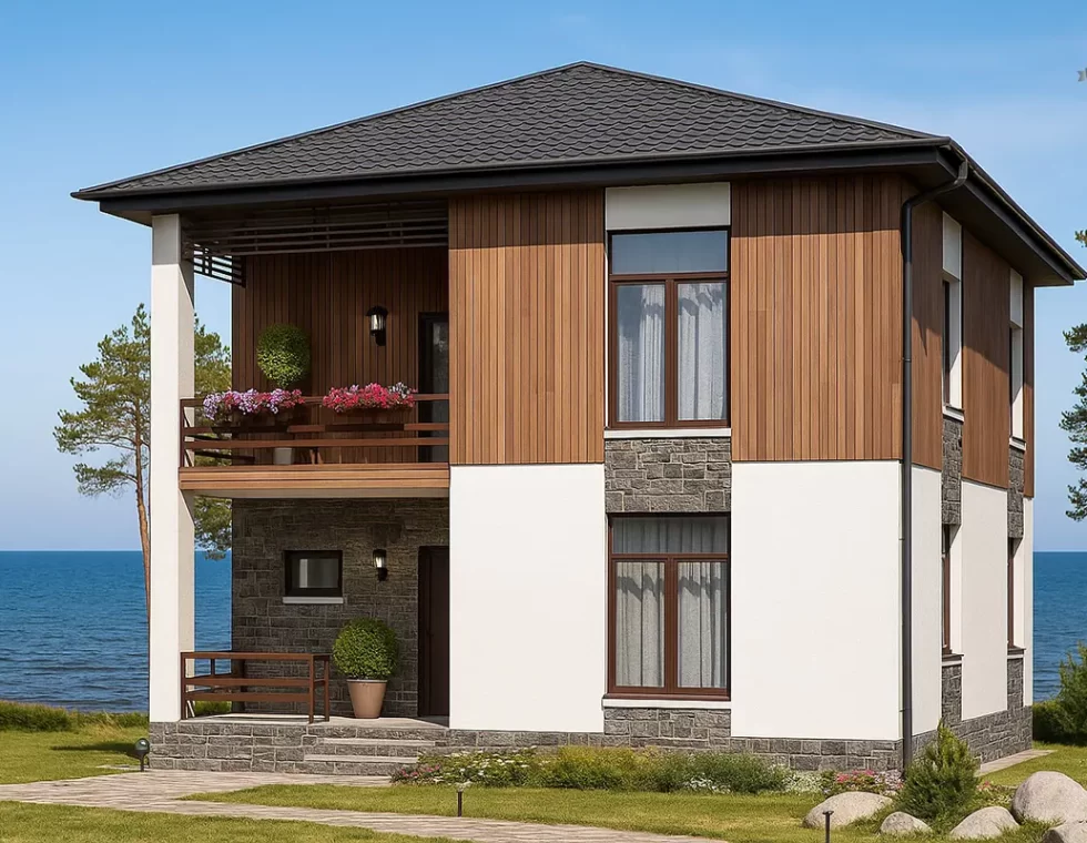 Двухэтажный каркасный дом с террасой и балконом КД-730 фото 1