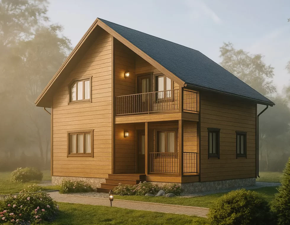 Двухэтажный каркасный дом с балконом и крыльцом, 115 м² КД-10 | «7х9»