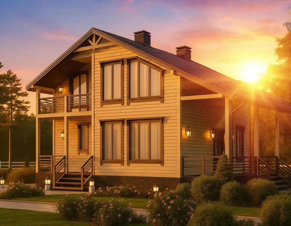 Двухэтажный каркасный дом с крыльцом, балконом и террасой КД-120 фото 1