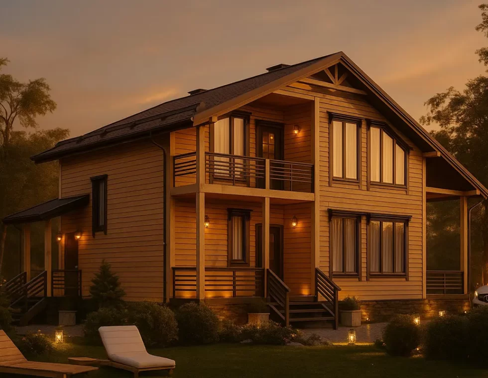 Двухэтажный каркасный дом с крыльцом, балконом и террасой КД-120 фото 2