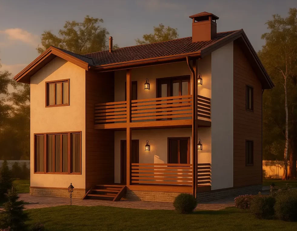 Двухэтажный каркасный дом с балконом и террасой КД-40 фото 1