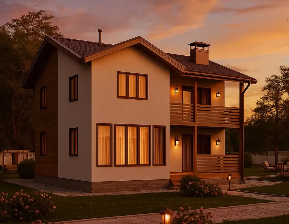 Двухэтажный каркасный дом с балконом и террасой КД-40 фото 2