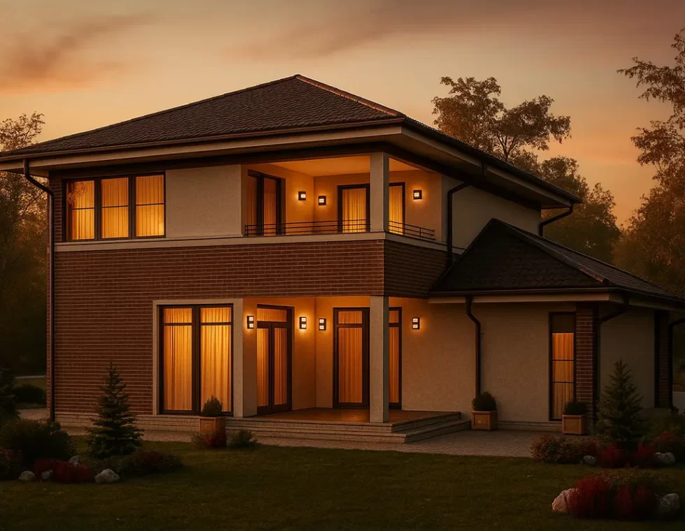 Двухэтажный каркасный дом с балконом и гаражом КД-130 фото 1