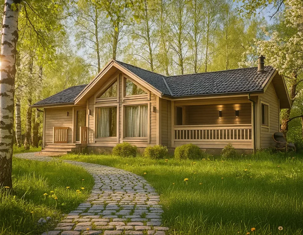 Одноэтажный каркасный дом с крыльцом и верандой КД-680 фото 1