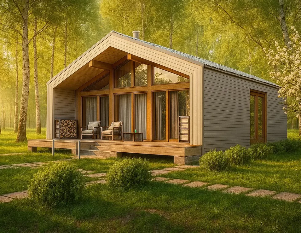 Одноэтажный каркасный дом с открытой верандой и панорамными окнами КД-720 фото