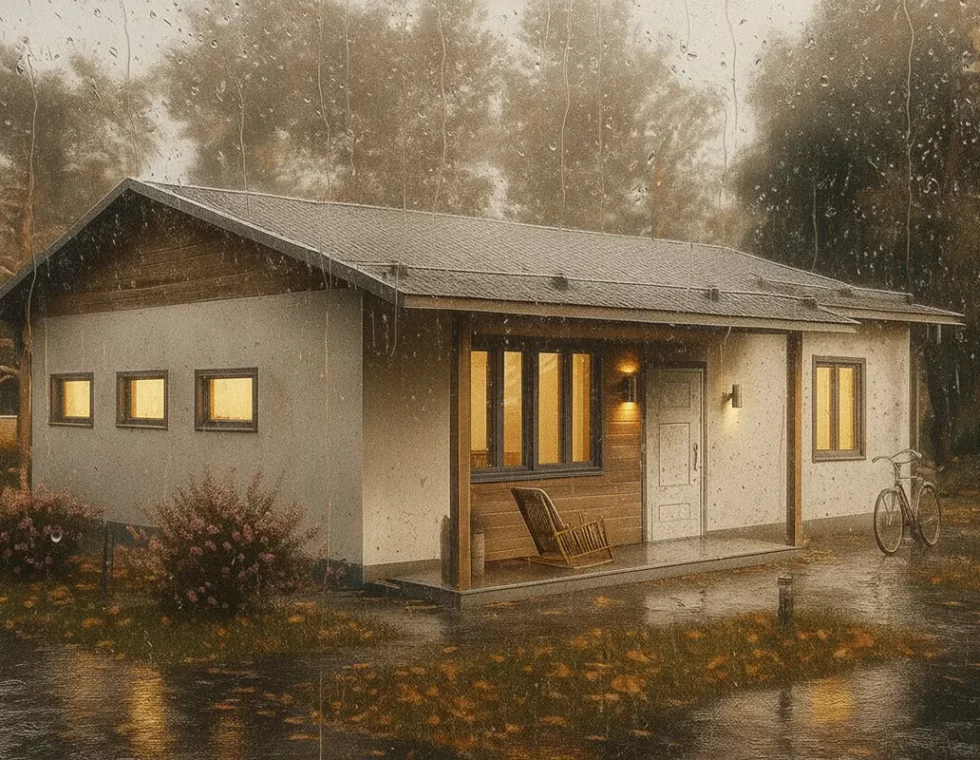 Одноэтажный каркасный дом с двускатной кровлей и террасой КД-340 фото 1