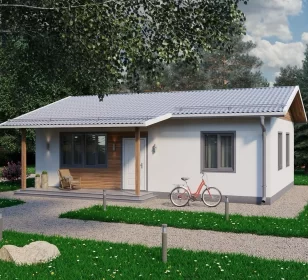 Одноэтажный каркасный дом с двускатной кровлей и террасой КД-340 фото 3